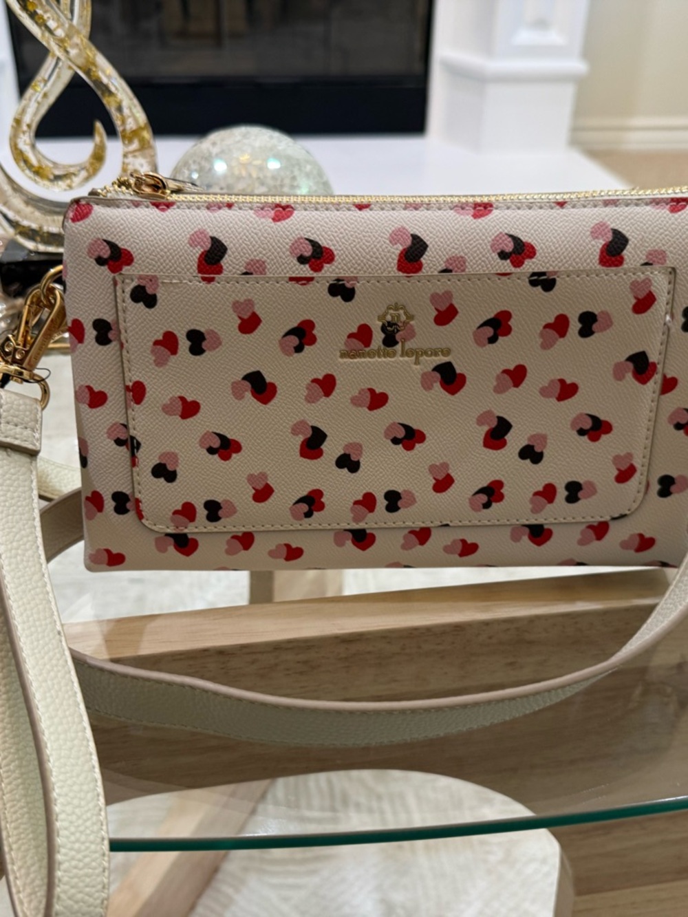 Nanette Lepore Cream Heart-Print Crossbody with Red Pink Black Hearts - Picture 10 of 11